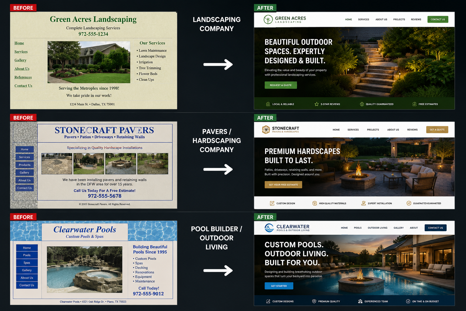 Before and after website redesign comparisons for a landscaping company, a pavers and hardscaping company, and a pool builder and outdoor living company