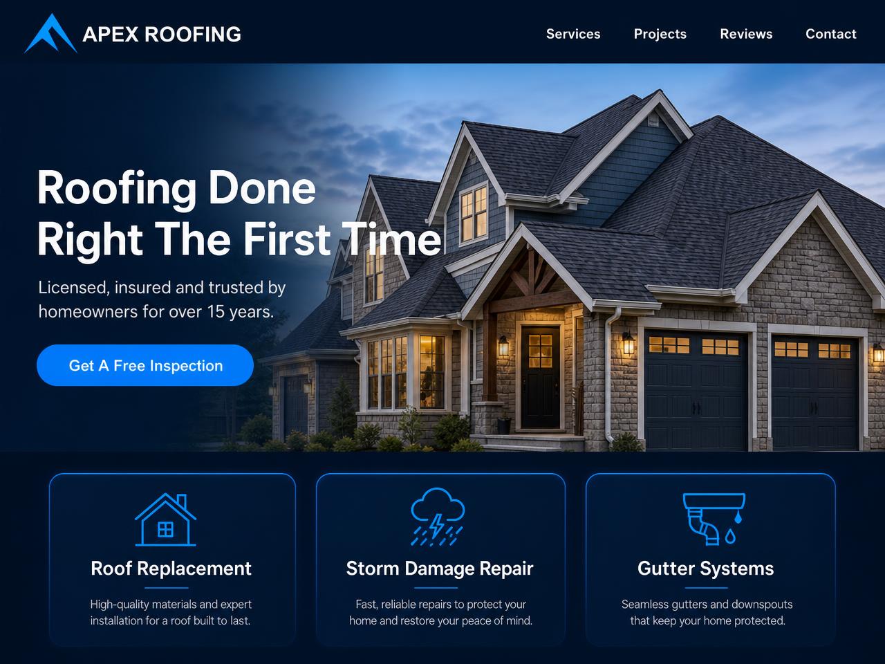 Modern roofing contractor website design concept