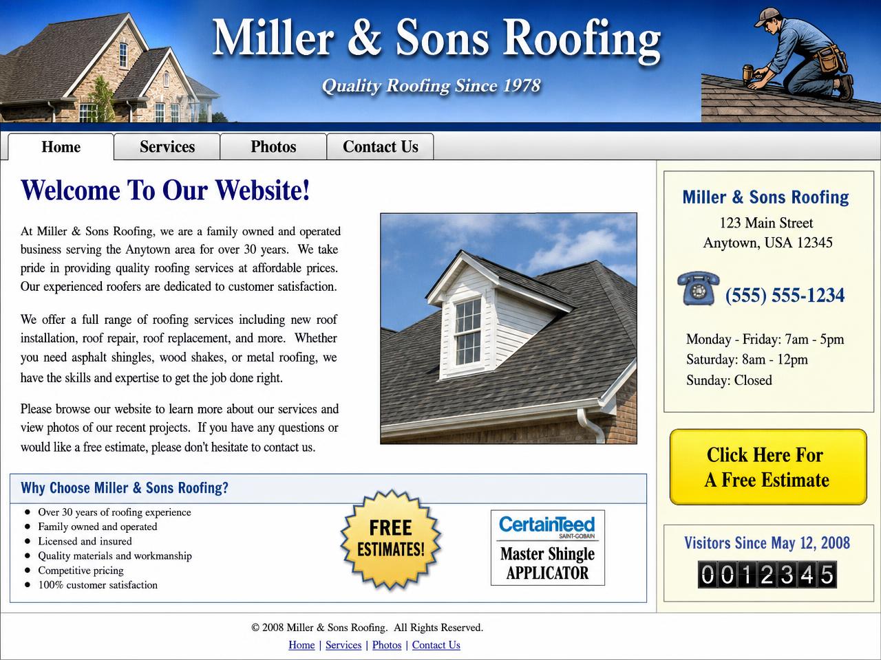 Miller & Sons Roofing outdated website before redesign