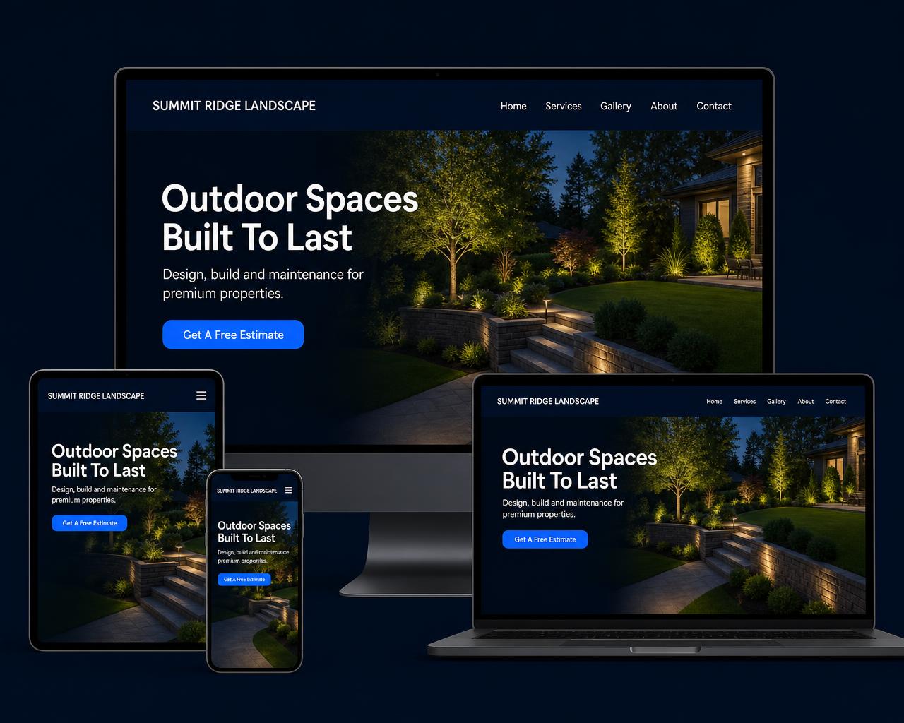 A premium business website displayed on a desktop monitor, laptop, tablet, and smartphone
