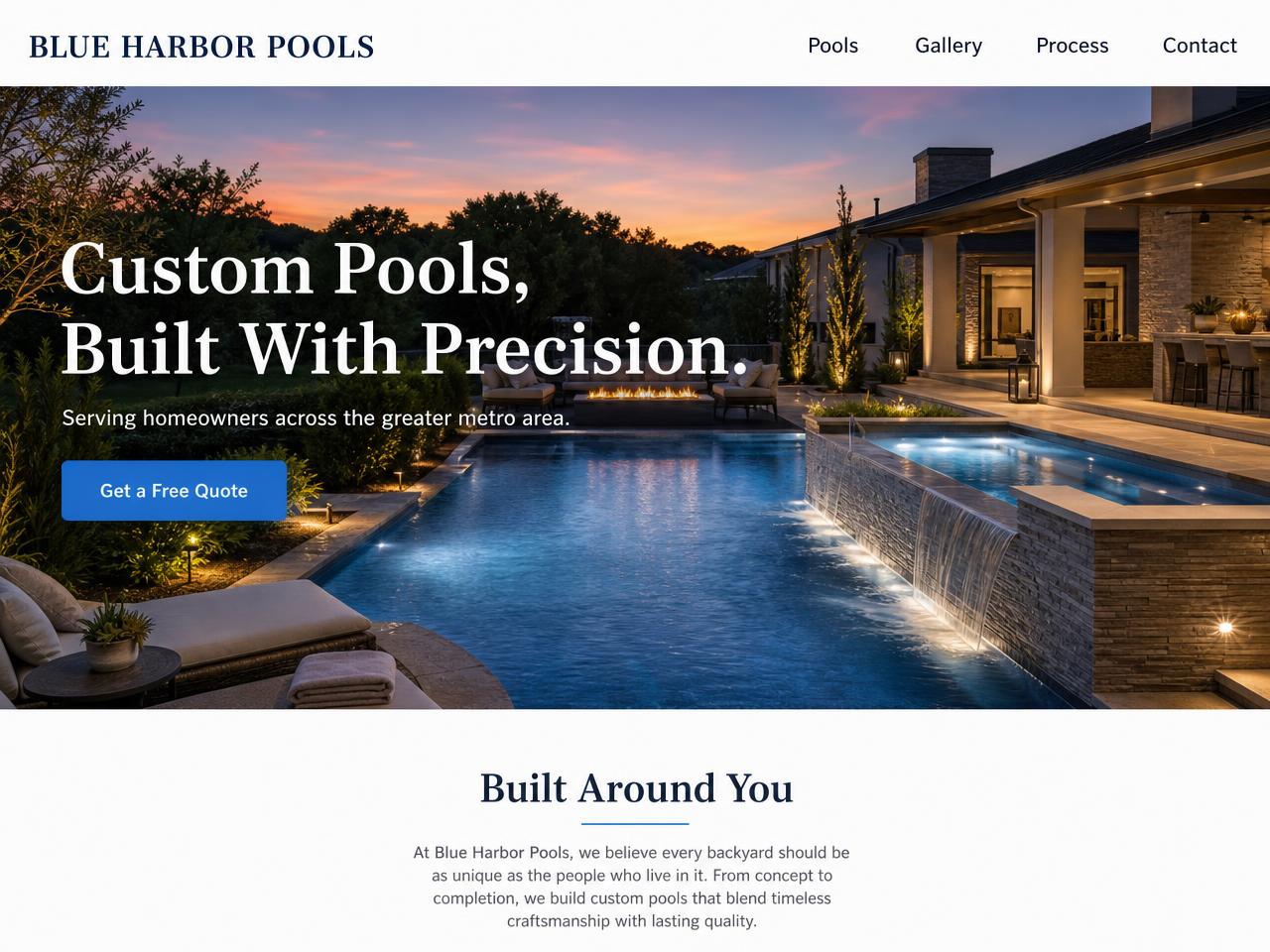 Blue Harbor Pools website design shown on desktop