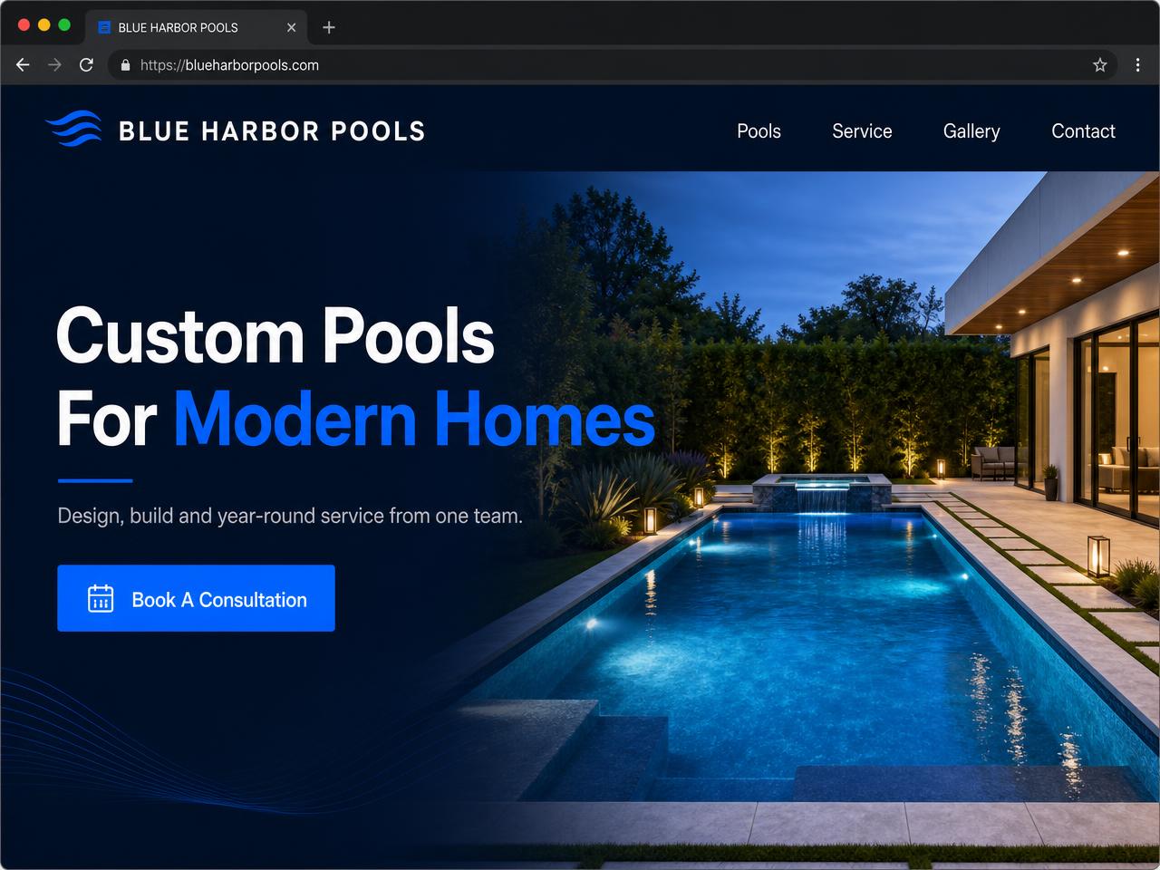 Modern pool construction website design concept